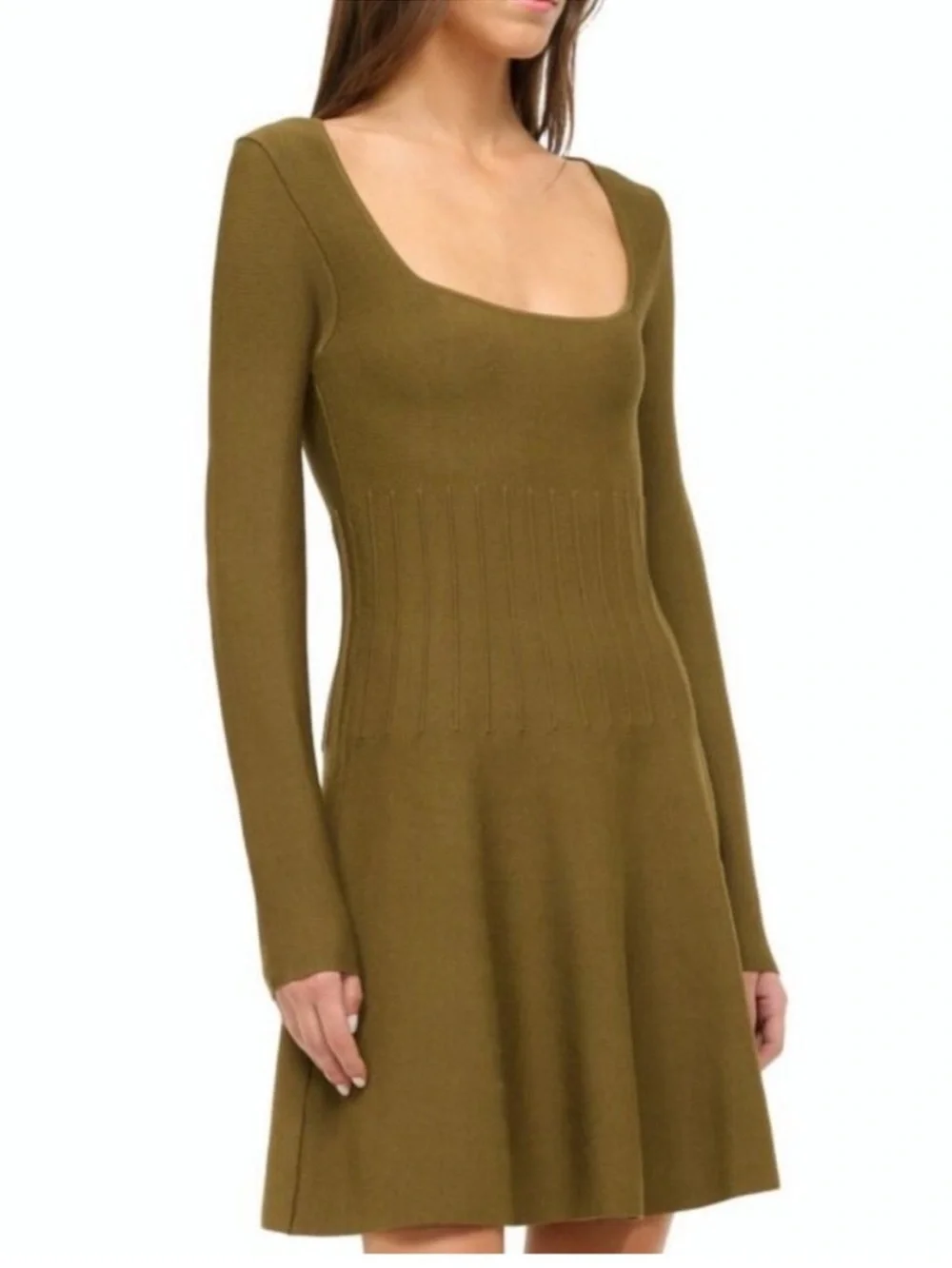 STAUD - Deora Square Knit Long Sleeve Pleated Mini Dress - sergeant green - Med - Picture 5 of 13